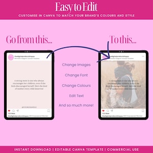 Customise each motherhood quote post in Canva by editing images, fonts, colours, and text. Designed to help small business owners, content creators, and mum brands create consistent, professional Instagram content without starting from scratch. Visual demo shows transformation from default template to fully branded post. Perfect for solopreneurs who want ease, speed, and design flexibility.