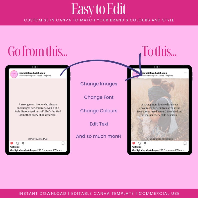 Customise each motherhood quote post in Canva by editing images, fonts, colours, and text. Designed to help small business owners, content creators, and mum brands create consistent, professional Instagram content without starting from scratch. Visual demo shows transformation from default template to fully branded post. Perfect for solopreneurs who want ease, speed, and design flexibility.