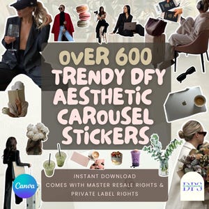 May include: Over 600 trendy DFY aesthetic carousel stickers. Instant download. Comes with master resale rights and private label rights. Canva.