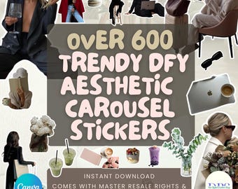 Viral Carousels 600+ Aesthetic Instagram Stickers Bundle | PLR MRR Canva Templates for Resale | Transparent Stickers with white border