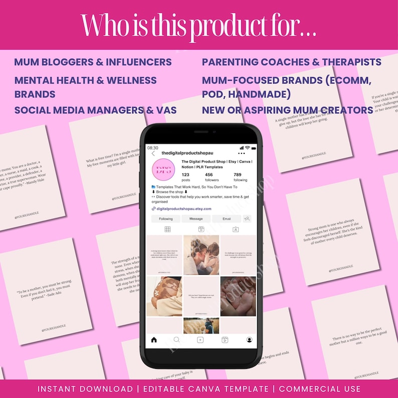 This motherhood quote content bundle is perfect for mum bloggers, parenting coaches, mental health professionals, and social media managers. Ideal for Instagram creators who want to share relatable, emotional quotes with ease. Canva templates help you stay visible and build community while saving time. Designed to support wellness brands, new creators, and mum-focused digital businesses.