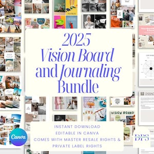 Kit de tablero de visión digital 2025, tablero de estado de ánimo, establecimiento de objetivos, manifestación, afirmaciones y kit de registro diario / Plantillas de Canva editables / MRR PLR