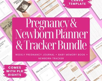 Pregnancy Planner Bundle, Weekly Pregnancy Journal, Baby Memory Book and Newborn Tracker. Digital Download Editable Canva Templates, PLR MRR