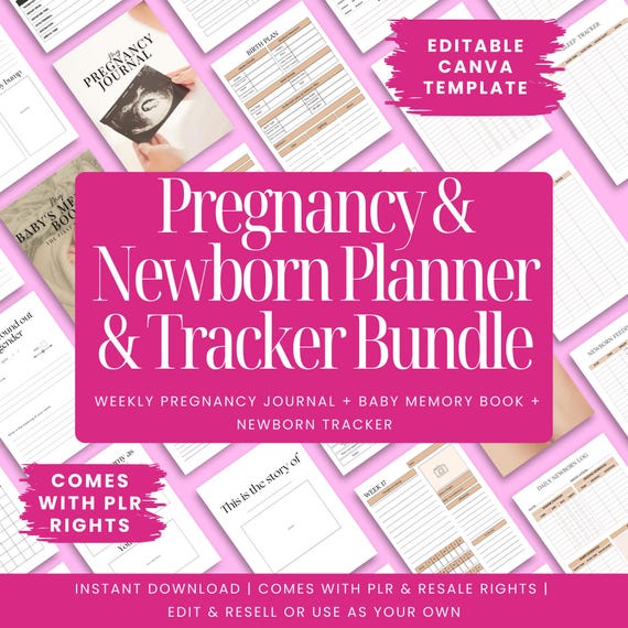 Pregnancy Planner Bundle, Weekly Pregnancy Journal, Baby Memory Book and Newborn Tracker. Digital Download Editable Canva Templates, PLR MRR