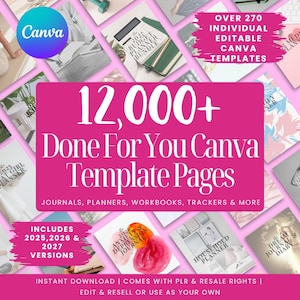 Puede incluir: Gráfico rosa con el texto "¡Más de 12.000 páginas de plantillas Canva listas para usar!" y "Más de 270 plantillas Canva editables individuales". La imagen incluye ejemplos de diarios, planificadores y cuadernos. El logotipo de Canva está arriba a la izquierda.