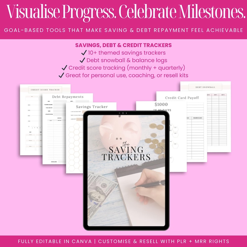 Printable and editable savings tracker, debt payoff log, credit score tracker Canva templates included in finance bundle, goal-based financial planning tools with PLR for coaches, Etsy sellers, digital entrepreneurs, and budgeting audiences