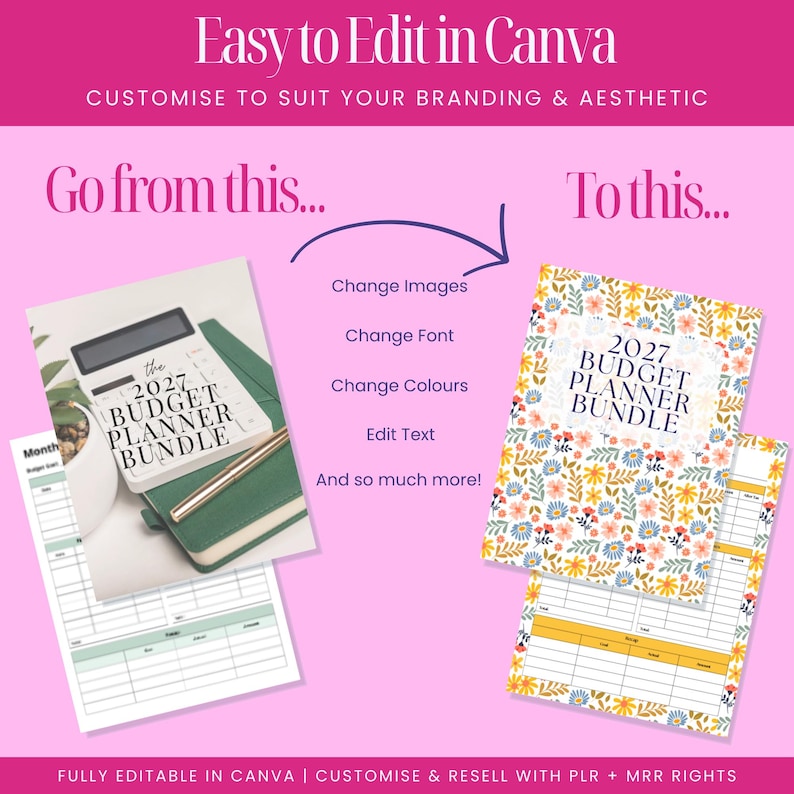 Before and after example showing editable Canva finance planner designs, demonstrating customisation of fonts, colours, images, and layouts in budget planners, ideal for branding and reselling digital products on Etsy with included PLR rights