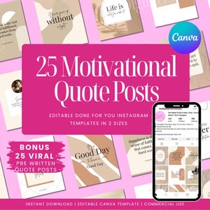 Instagram Quote Posts, 25 Aesthetic Editable Motivational Posts, 2 Sizes, Canva Templates, Theme Page Social Media Content for Boss Babe