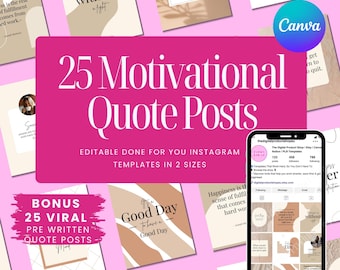 Instagram Quote Posts, 25 Aesthetic Editable Motivational Posts, 2 Sizes, Canva Templates, Theme Page Social Media Content for Boss Babe