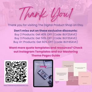 Thank you slide with exclusive discount codes for buying 2 or more digital products from The Digital Product Shop. Highlights related listings like the Instagram Quote Templates and Theme Pages Guide. Encourages customers to explore more Canva content bundles for social media success. Ideal for repeat buyers, creators scaling their content, and those wanting plug-and-play digital marketing tools.