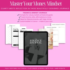 Finance journal and money mindset journal Canva templates with affirmations, beliefs, income logs, and financial goal setting, included in editable finance planner bundle with PLR for resell, ideal for money coaches, VAs, and self-help creators