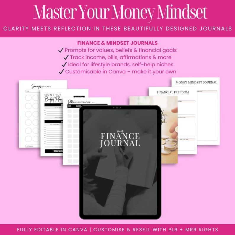 Finance journal and money mindset journal Canva templates with affirmations, beliefs, income logs, and financial goal setting, included in editable finance planner bundle with PLR for resell, ideal for money coaches, VAs, and self-help creators