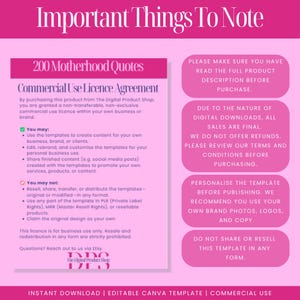 Commercial use licence included for personal business content. You may edit and use the templates to create social media posts for your brand. You may not resell or distribute the templates. Key reminders about digital download terms, customisation recommendations, and support contact. Clear guidance for new customers using Canva for their motherhood quote content and Instagram marketing.