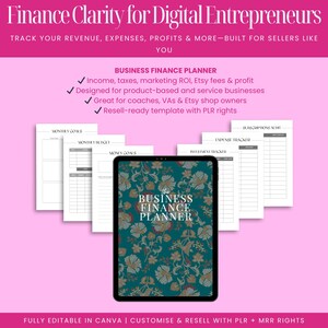 Business finance planner Canva template included in editable bundle with PLR, track income, Etsy fees, marketing ROI, expenses, and taxes, ideal for digital product sellers, VAs, and online business owners looking for resellable finance tools