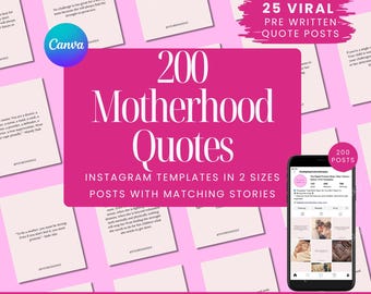 Motherhood Quotes, 200 Instagram Templates, Editable Canva Templates, Motivational Mom Quotes, Aesthetic Quote Posts, IG Content for Mums