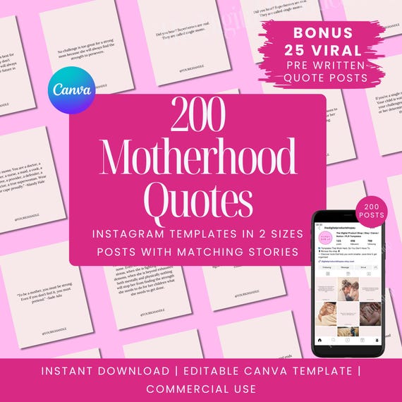 Motherhood Quotes, 200 Instagram Templates, Editable Canva Templates, Motivational Mom Quotes, Aesthetic Quote Posts, IG Content for Mums