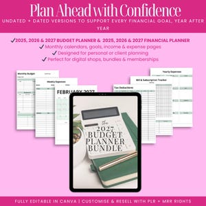 Editable 2025, 2026, 2027 budget and financial planner Canva templates with calendars, income and expense tracking, savings goals and bill planning, perfect for personal budgeting or reselling as digital planner products on Etsy