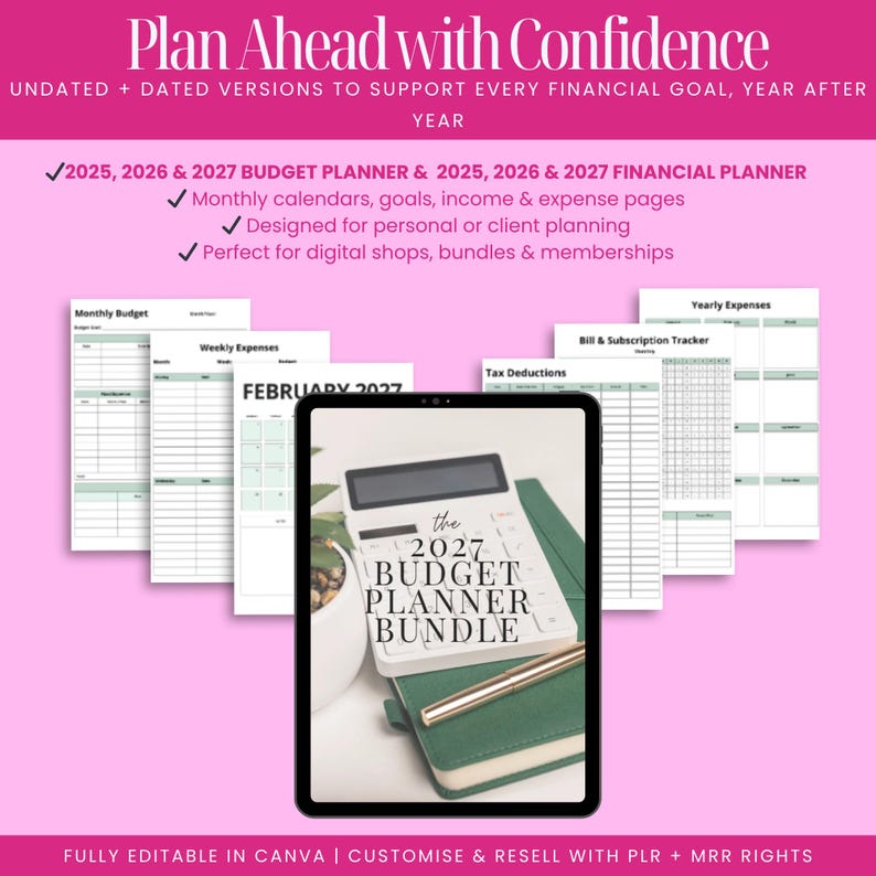 Editable 2025, 2026, 2027 budget and financial planner Canva templates with calendars, income and expense tracking, savings goals and bill planning, perfect for personal budgeting or reselling as digital planner products on Etsy