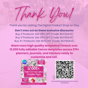 Thank you image with promo codes for Etsy digital product shop, encouraging bundle purchases and cross-sells with PLR discounts: Buy 2 get 40% off, Buy 3 get 50% off, Buy 4 get 60% off, perfect for shoppers building a digital product store