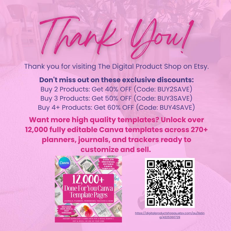 Thank you image with promo codes for Etsy digital product shop, encouraging bundle purchases and cross-sells with PLR discounts: Buy 2 get 40% off, Buy 3 get 50% off, Buy 4 get 60% off, perfect for shoppers building a digital product store