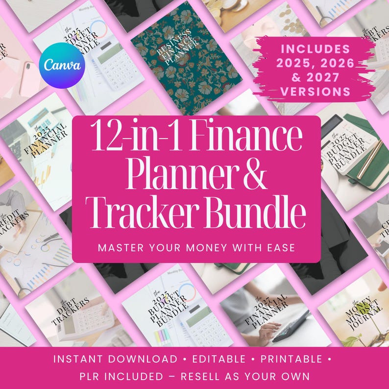 Editable 12-in-1 finance planner and tracker bundle Canva template with PLR, includes budget planners, financial planners, debt, savings, credit and mindset trackers for 2025, 2026, and 2027, printable and resellable digital planner pack for Etsy sellers