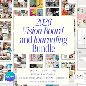 2026 Digital Vision Board Kit, Mood Board, Goal Setting, Manifestation, Affirmations and Journaling Kit | Editable Canva Templates | MRR PLR