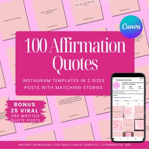 Affirmation Quotes, 100 Instagram Templates | Canva Editable Quotes | Motivational Instagram Posts | Mindset & Self-Love Content for Coaches