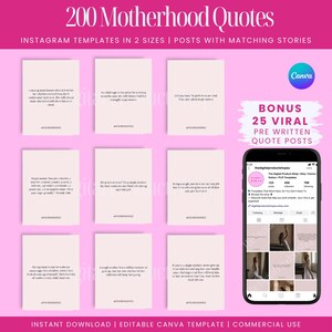 Instagram template bundle featuring 200 empowering motherhood quotes in Canva. Includes 2 Instagram-optimised sizes and 25 bonus viral templates. Perfect for mum-focused brands and creators who want editable, ready-to-post content for their social media. Clean, minimalist quote graphics designed to connect and grow engagement. Ideal for content creators, coaches, and social media managers.