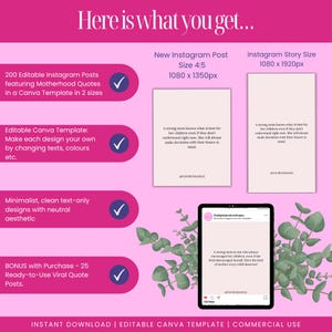 You’ll receive 200 editable Canva templates for Instagram, featuring motherhood quotes in post and story sizes. Includes 25 ready-to-use viral quote posts. Easily customise text, fonts, and colours to suit your brand. Minimalist neutral aesthetic designed for content creators, mumpreneurs, parenting brands, and Instagram influencers. Helps streamline content creation and increase consistency.