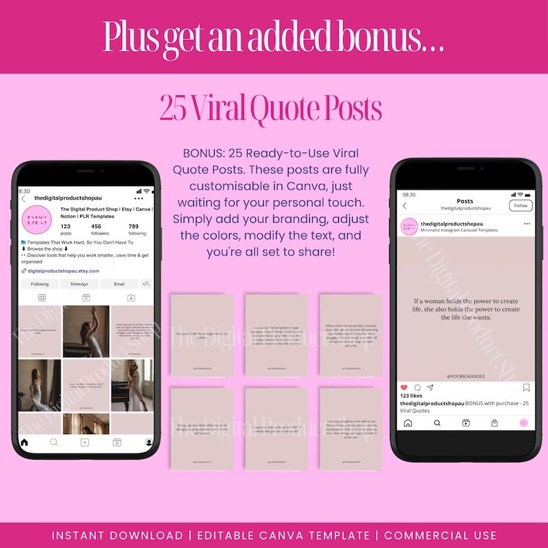 Includes 25 bonus Canva quote templates featuring viral motherhood quotes. Fully customisable and ready to post, these designs help grow your Instagram engagement with minimal effort. Designed for creators, wellness brands, and mum entrepreneurs looking to inspire their audience with pre-written, heartfelt quotes. Ideal add-on to the main 200-post template pack. Edit, brand, and post with ease.