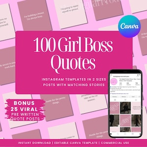 Girl Boss Quotes Instagram Templates | Editable Canva Templates | 100 Instagram Boss Babe Motivational Posts, Social Media Content for Women