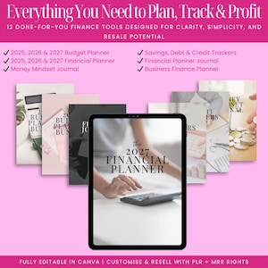 Finance planner bundle Canva template listing showing 12 included templates: 2025, 2026, 2027 budget and financial planners, mindset journal, business finance tracker, credit and debt payoff tools, savings planner, editable and resell rights included