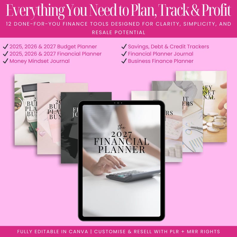 Finance planner bundle Canva template listing showing 12 included templates: 2025, 2026, 2027 budget and financial planners, mindset journal, business finance tracker, credit and debt payoff tools, savings planner, editable and resell rights included