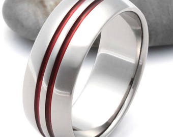 Thin Red Line Titanium Ring - Firefighters Ring - Red Stripes - r1