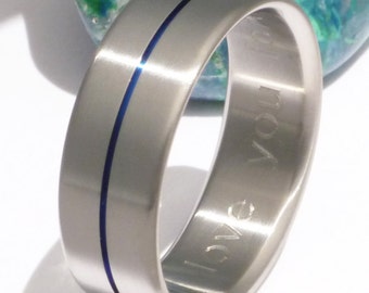 Thin Blue Line Titanium Ring - Law Enforcement Retirement Gift - Handcrafted Titanium Wedding Ring - b34