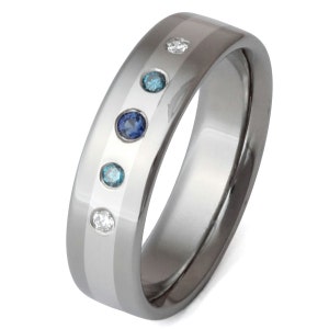 Titanium Platinum Diamond and Blue Sapphire Wedding Ring Diamond Engagement Ring Blue Diamonds s4 image 1