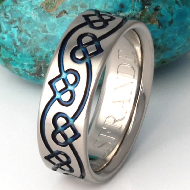 Irish Celtic Titanium Wedding Band Blue Chain of Hearts Ring ck35 Blue image 2