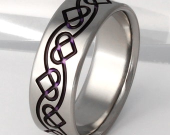 Titanium Irish Celtic Wedding Band - Purple Chain of Hearts Ring - Intertwined Hearts - ck35 Purple