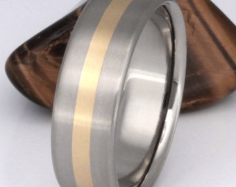 Gold Titanium Wedding Band - 18k Yellow Gold Engagement Ring - Flat Smooth Titanium Band Wide Solid Gold Inlay - g9