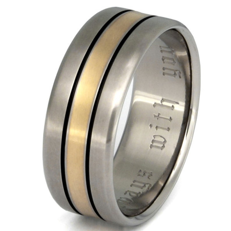 Gold Titanium Wedding Ring Titanium Ring Inlaid 18k Gold Band Black Stripes g16 image 4