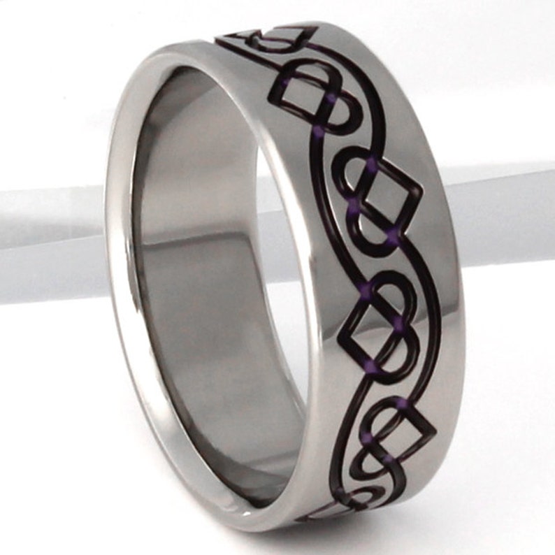 Titanium Irish Celtic Wedding Band Purple Chain of Hearts