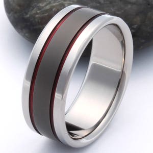 Thin Red Line Titanium Wedding Band - Firefighter's Titanium Ring - Handcrafted Titanium Band - Red Promise Ring - sa12Red