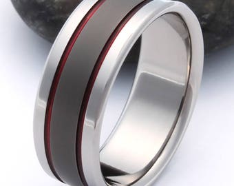 Thin Red Line Titanium Wedding Band - Firefighter's Titanium Ring - Handcrafted Titanium Band - Red Promise Ring - sa12Red