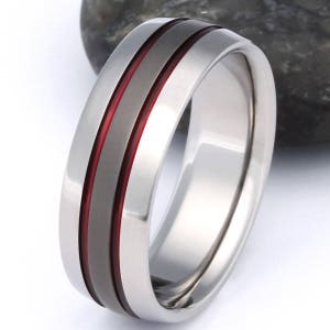 Thin Red Line Titanium Wedding Band - Firefighter's Titanium Ring - Handcrafted Titanium Band - Red Promise Ring - sa11Red