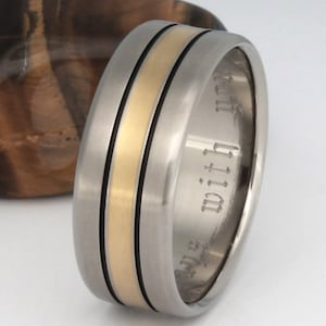 Gold Titanium Wedding Ring Titanium Ring Inlaid 18k Gold Band Black Stripes g16 image 1