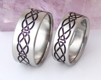 Irish Celtic Titanium Wedding Band Set - Purple - His and Hers - Matching Celtic Knot EngagementBands - stck1Purple