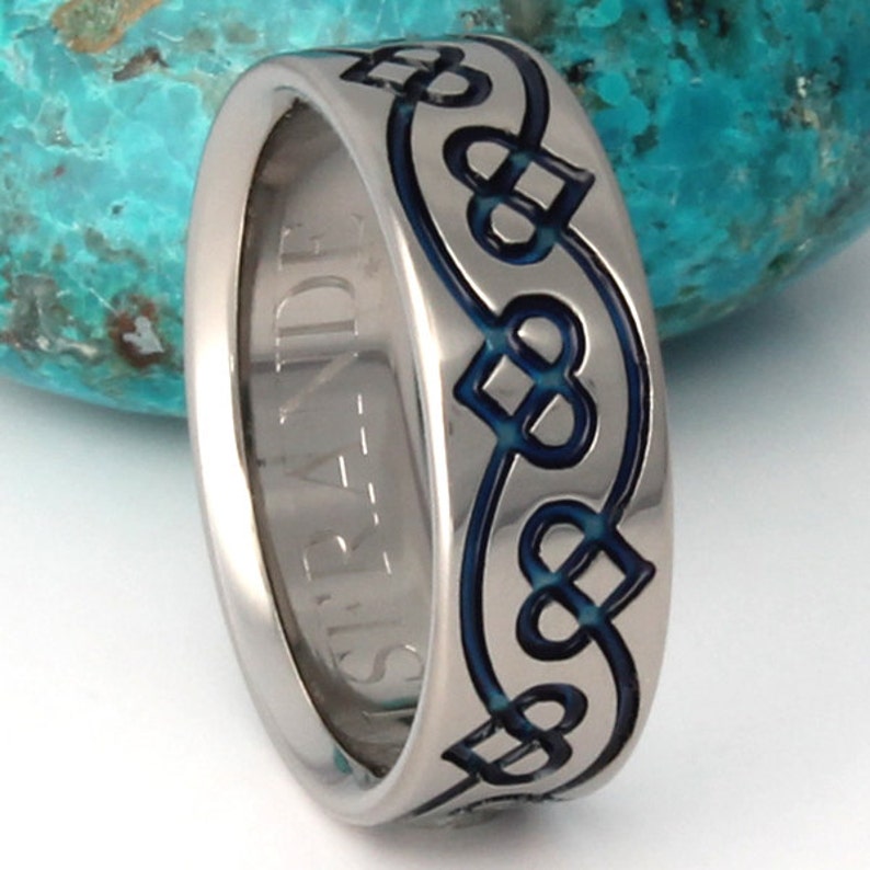 Irish Celtic Titanium Wedding Band Blue Chain of Hearts Ring ck35 Blue image 4