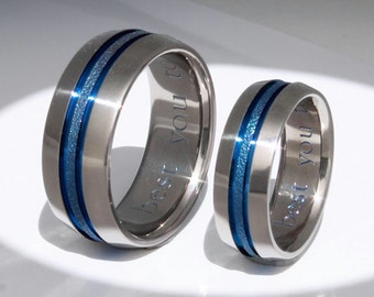 Matching Thin Blue Line Titanium Wedding Bands - Frost Finish Anodized Rings - His and Hers Engagement Rings - stb16