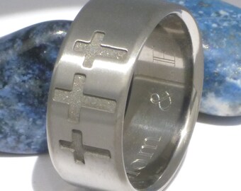 Titanium Christian Wedding  Band - Three Cross Ring - Holy Trinity Titanium Commitment Ring - cr8