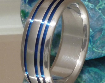 Titanium Engagement Ring - Thin Blue Line Titanium Band - Anodized Three Blue Stripes - b20